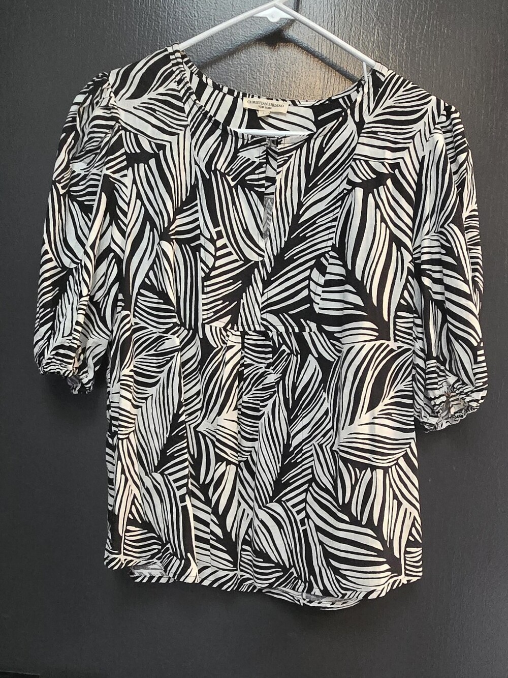 Christian Siriano New York Black and White Tropical Leaf Print Puff Sleeve EUC